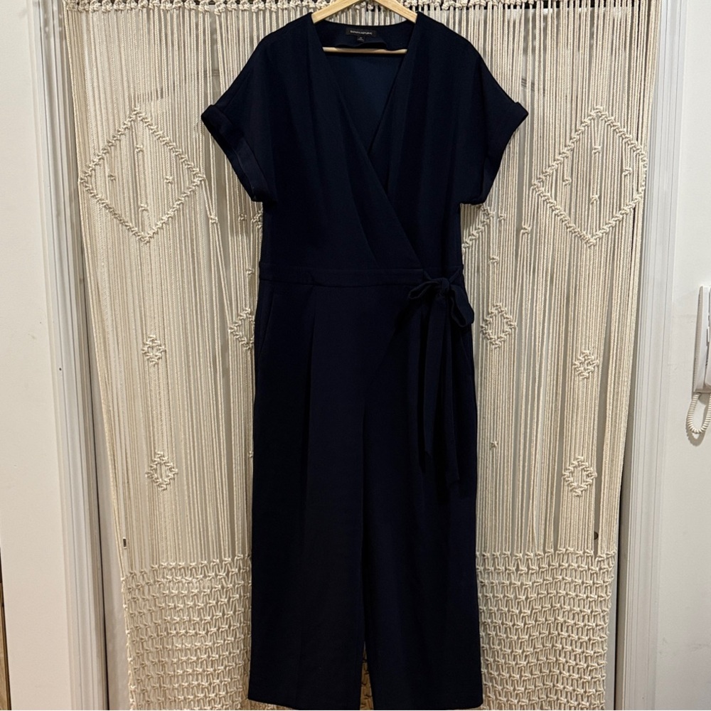 Banana Republic Navy Short Sleeve Tie-Waist Jumpsuit